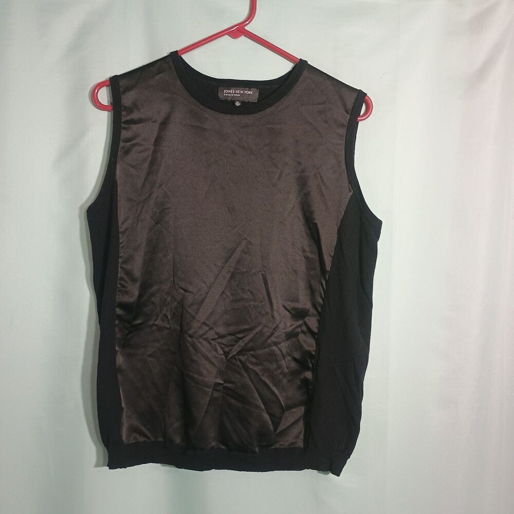 Jones New York Women’s Black Satin Front Sleeveless Top – Mixed Media Crew Neck